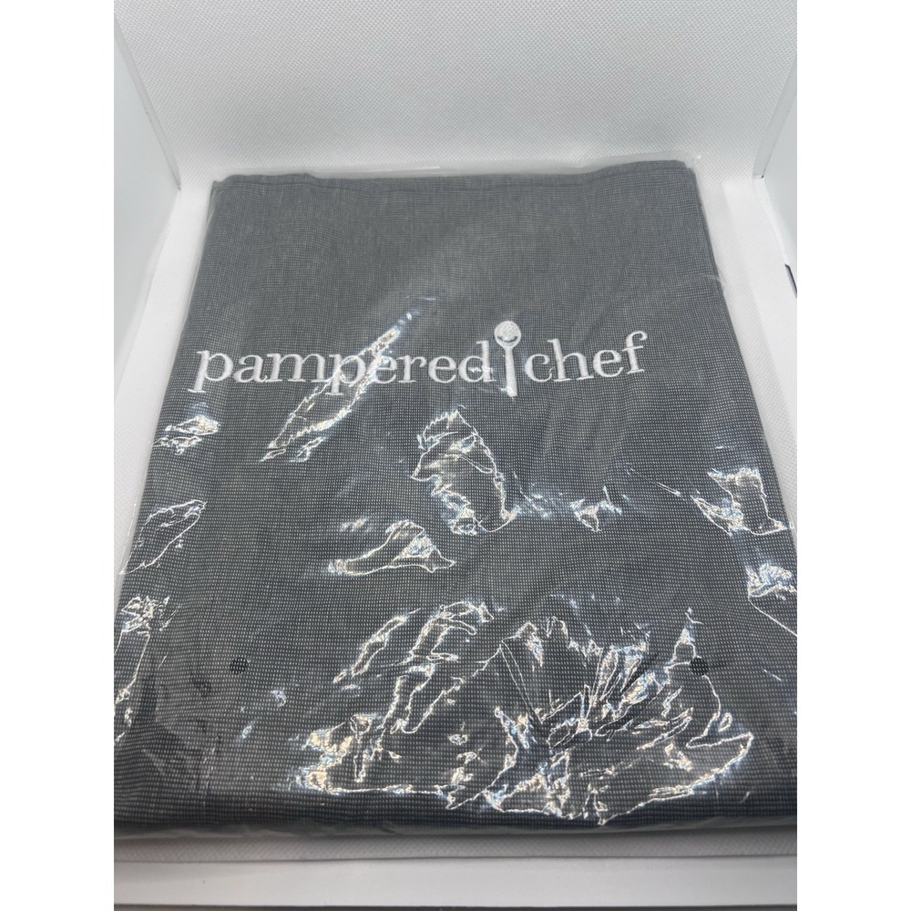 New Pampered Chef Embroidered Gray White Apron Cotton Front Pocket NIP